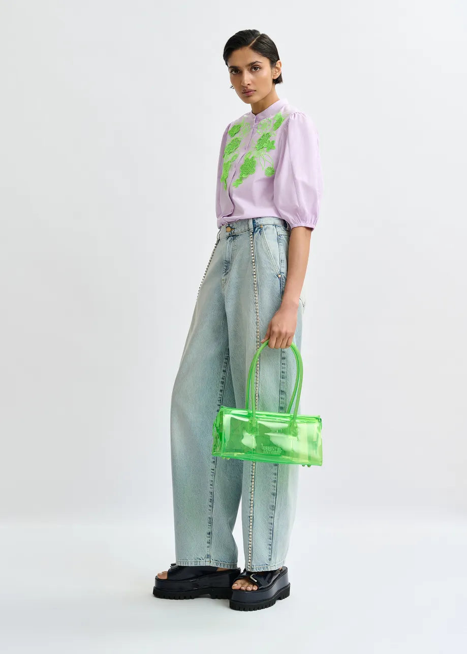 Variation 1: Women's Button-Down Blouse With Embroidered Flowers Cotton Poplin - Mint Leaf Baby-Grape