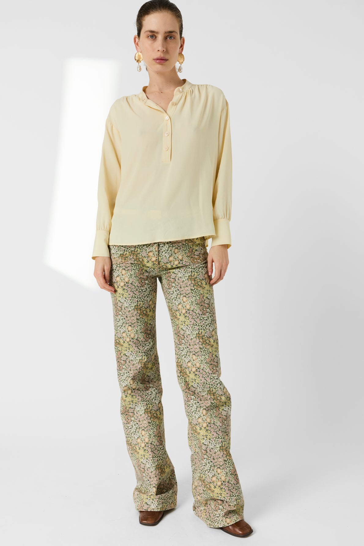 Women Button-Down Blouse Crepe Silk Charmeuse - Yellow