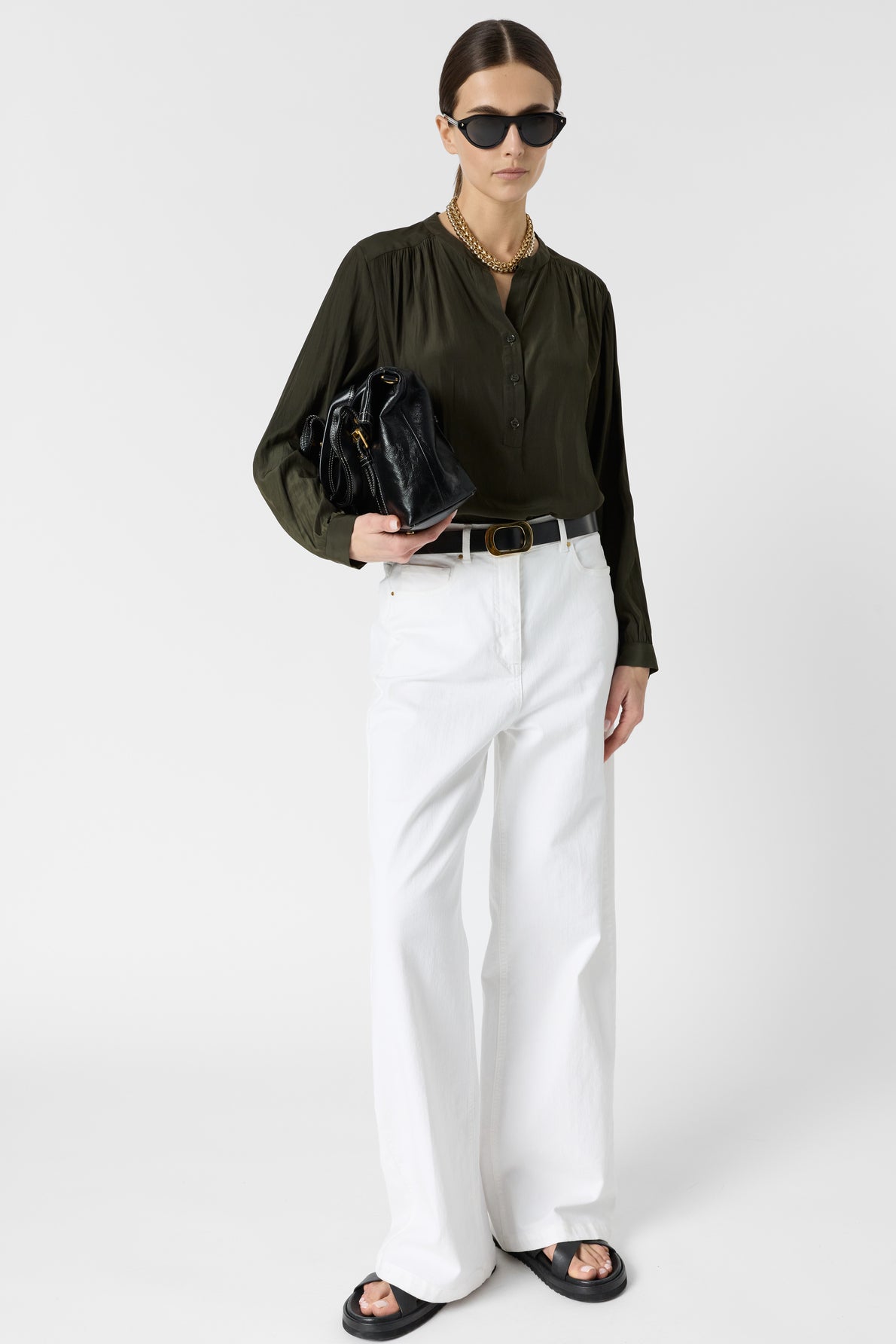 Women's Button-Down Blouse Luxurious Pleated Satin Fabric - Green