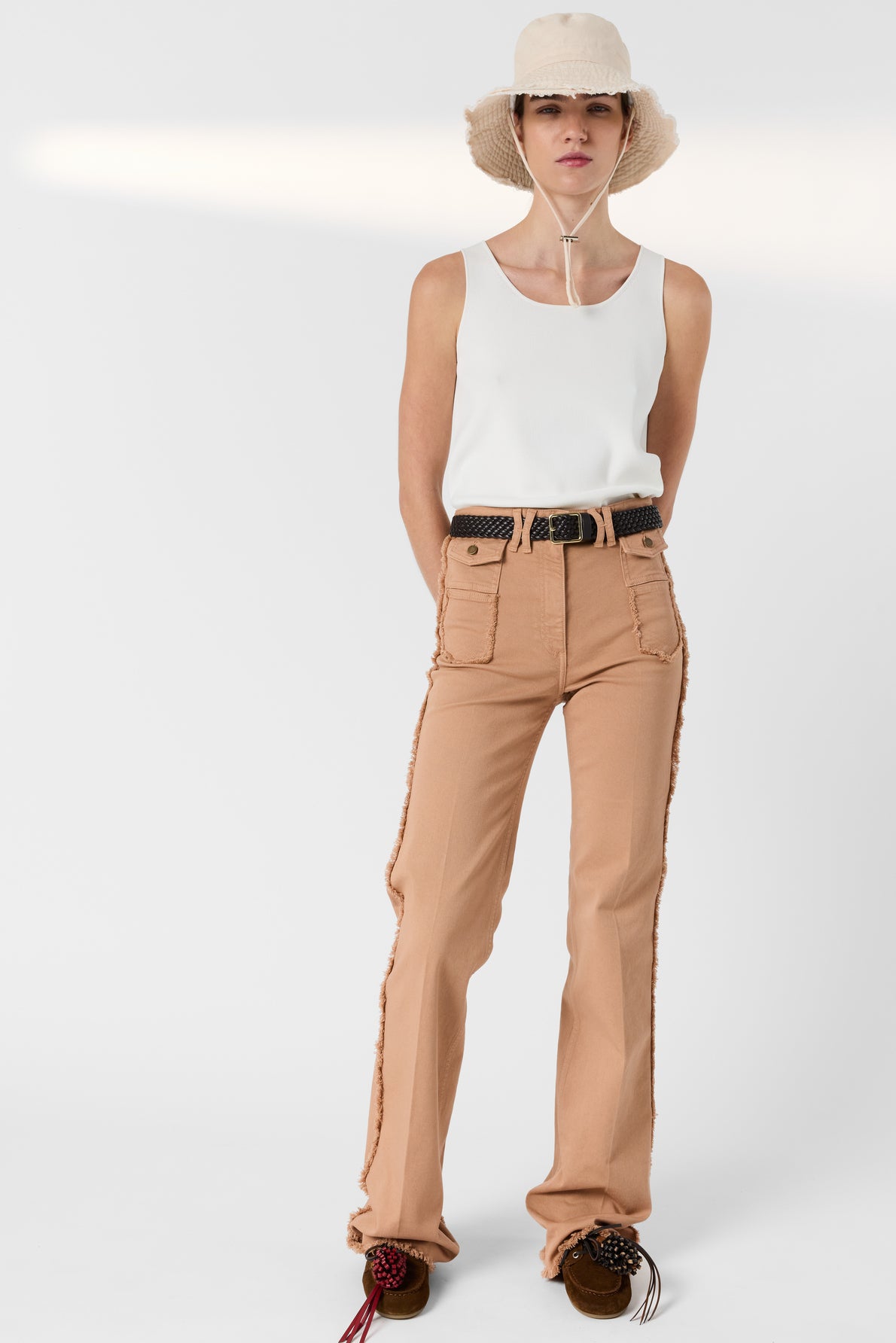 Womens High-Waisted Flared Jeans 100 Percent Cotton - Camel Nude