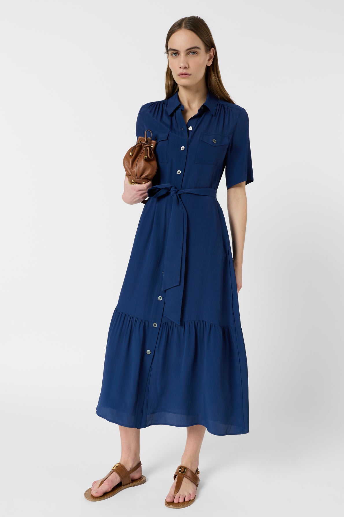 Women's Shirtdress With Belt And Flounce Silk - Indigo Ink