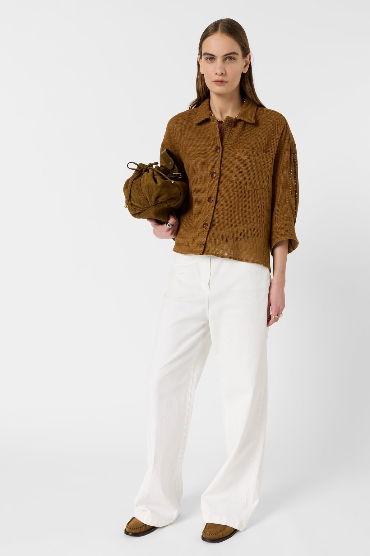 Women's Overshirt Cotton-Linen Blend Openwork - Camel Caramel