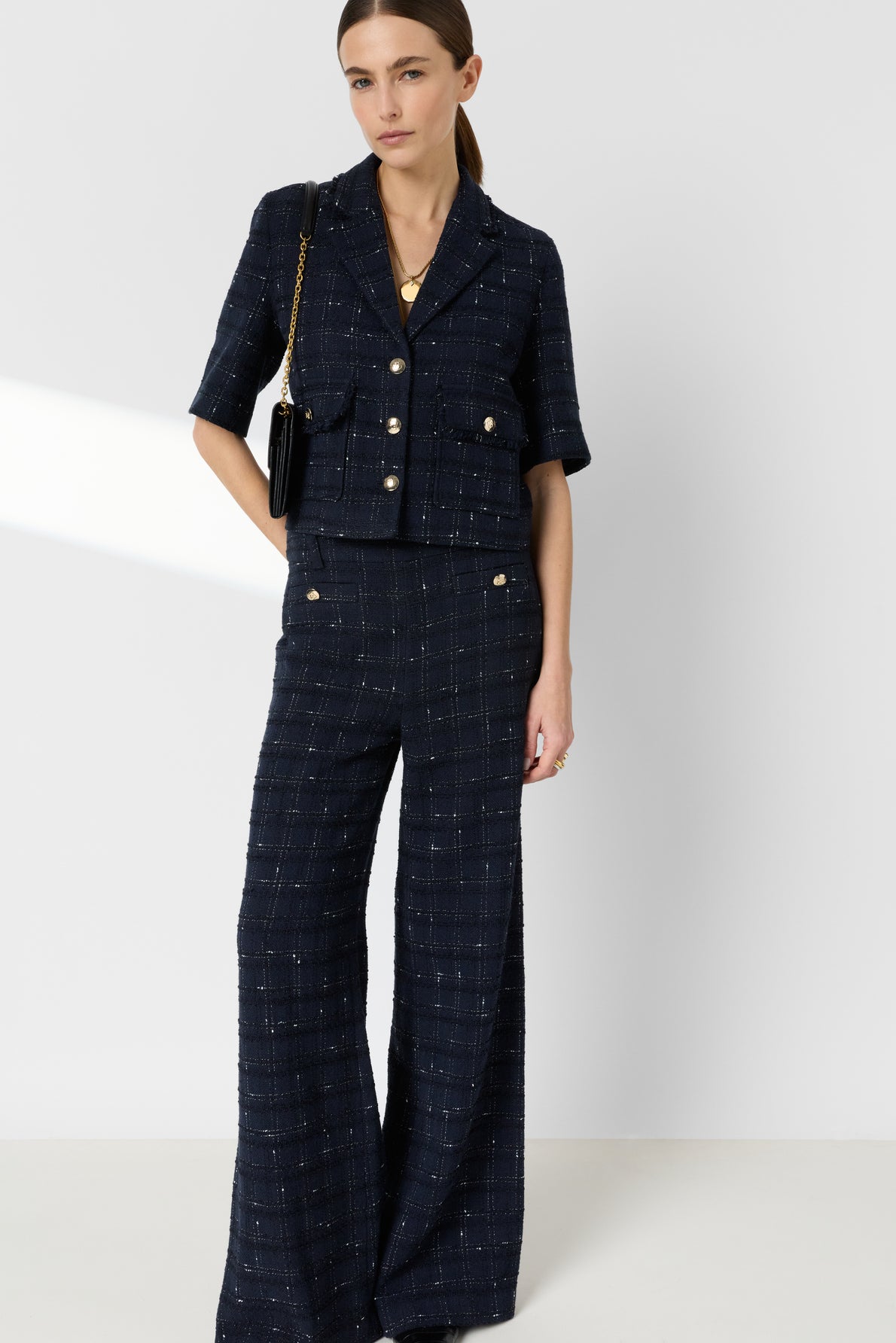 Women Tailored Suit Jacket Tweed Wool Blend - Navy