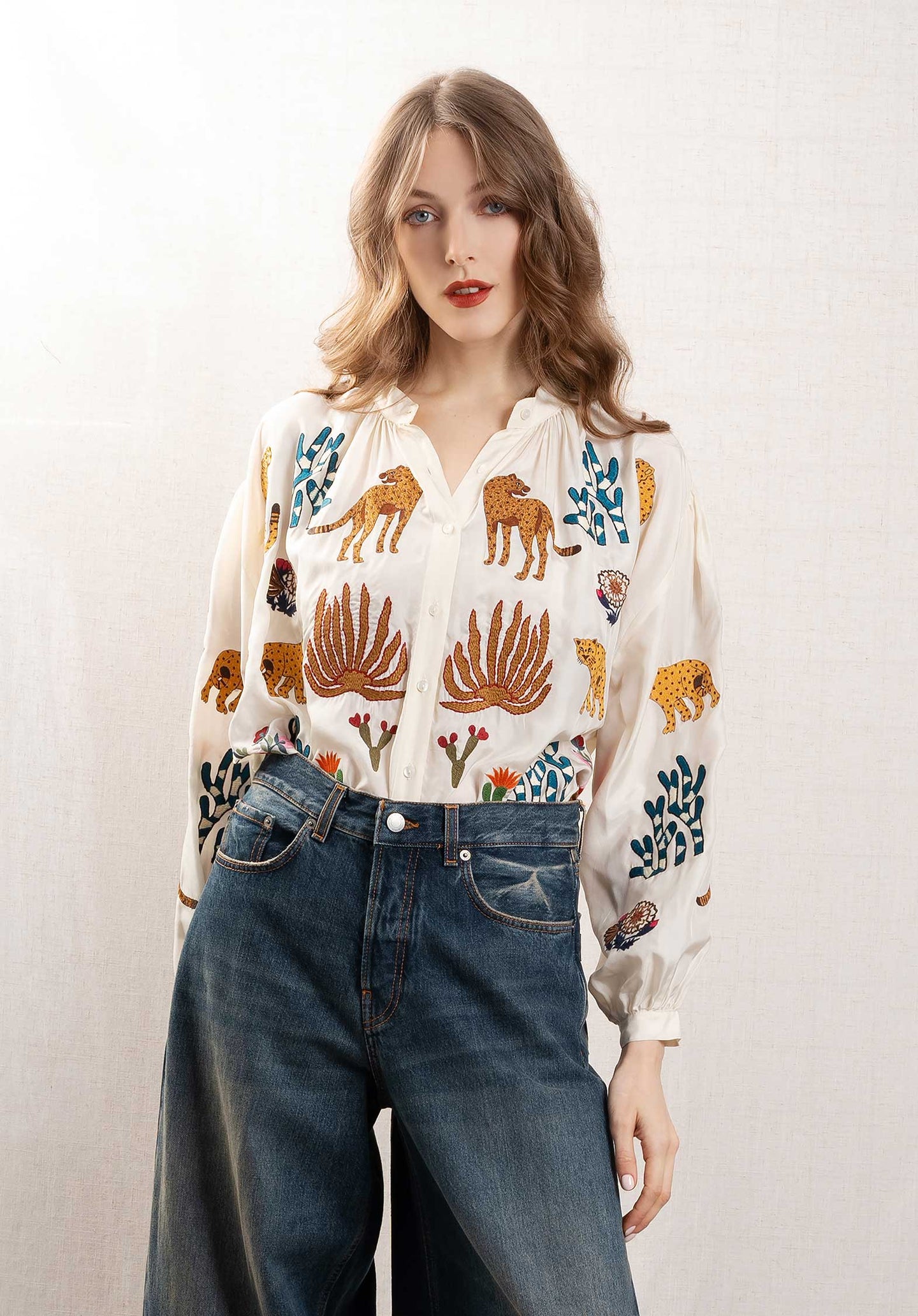 Blouse Be 25015 Silk Congo Shirt Ecru-Multi