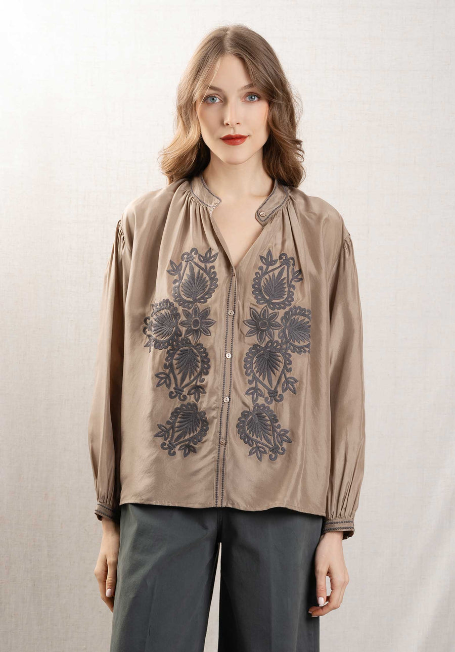 Blouse Be 25005 Silk Soire Shirt Taupe-Grey
