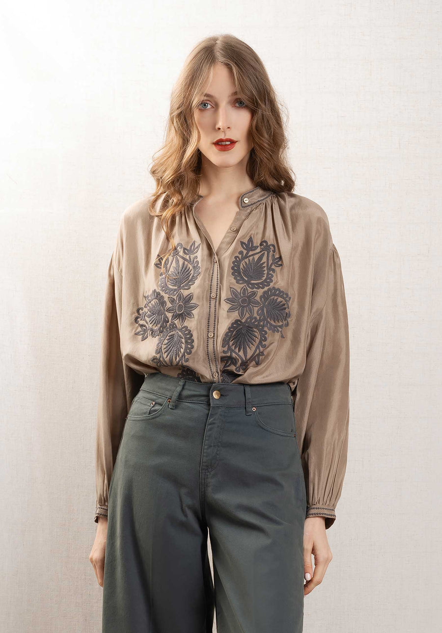 Blouse Be 25005 Silk Soire Shirt Taupe-Grey