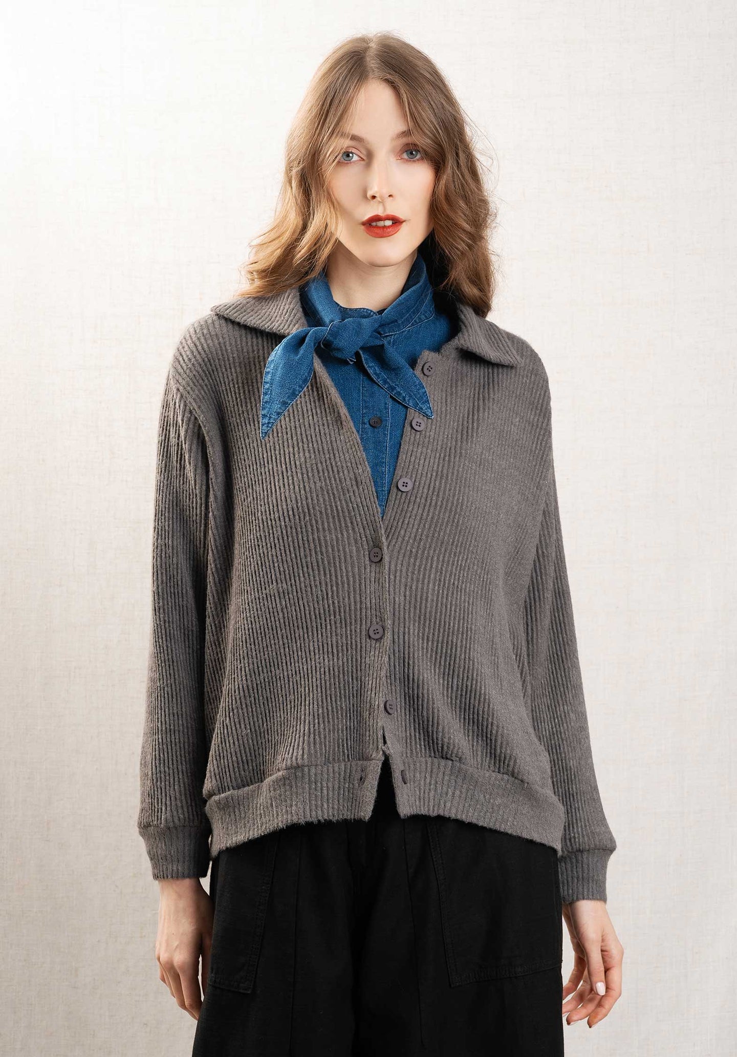 Knit Pleated Cardigan Gd254 Dark-Grey