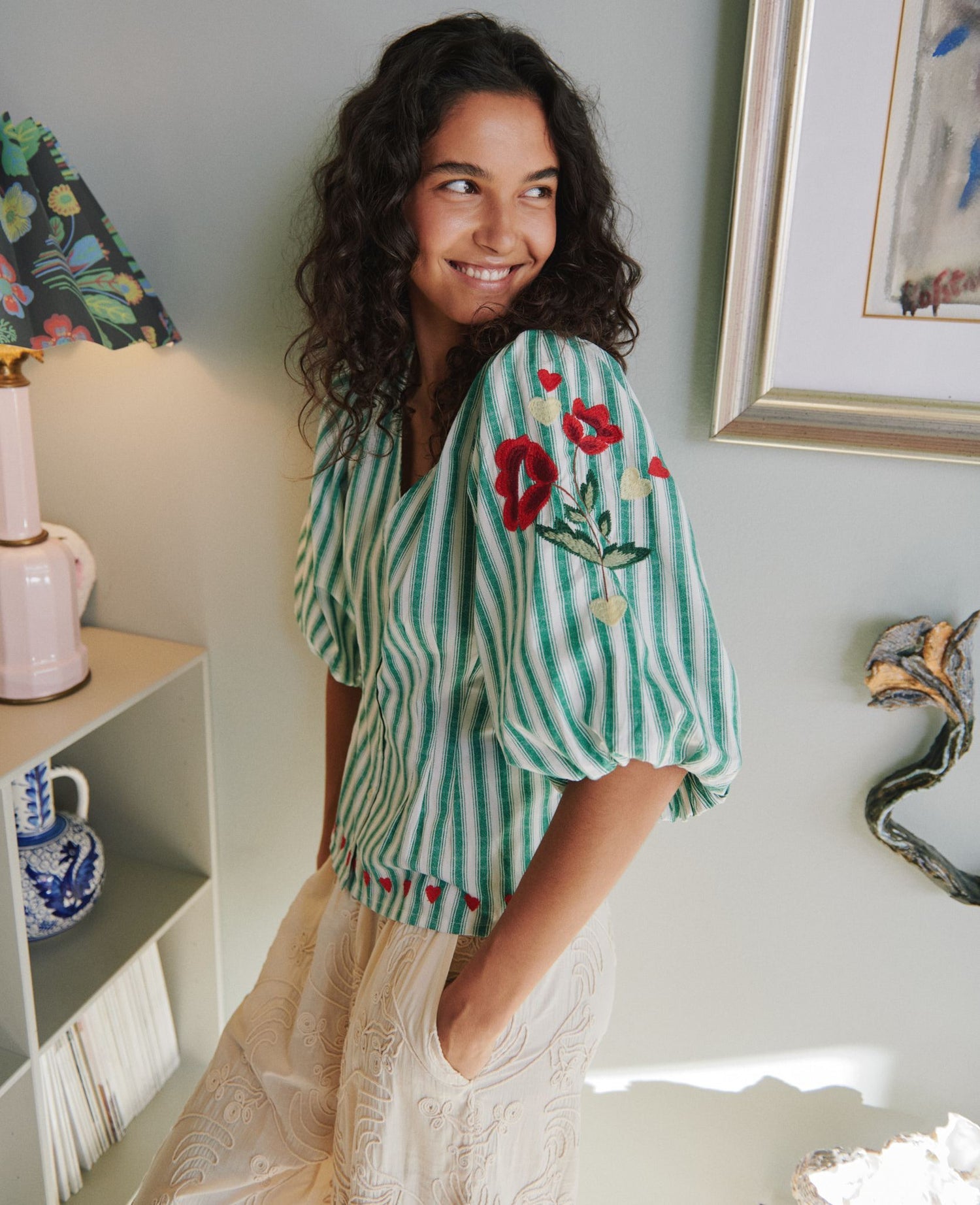 Womens Button Down Blouse Cotton Poplin Green Stripes – RUE MADAME Womens Button Down Blouse Cotton Poplin Green Stripes – RUE MADAME