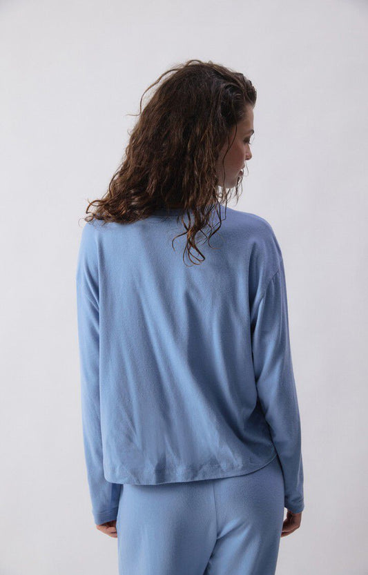 Women Oversized Long Sleeve T Shirt Cotton Jersey - Blue Bleu-Chine