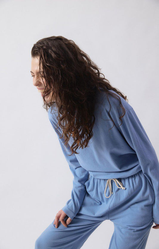 Women Oversized Long Sleeve T Shirt Cotton Jersey - Blue Bleu-Chine