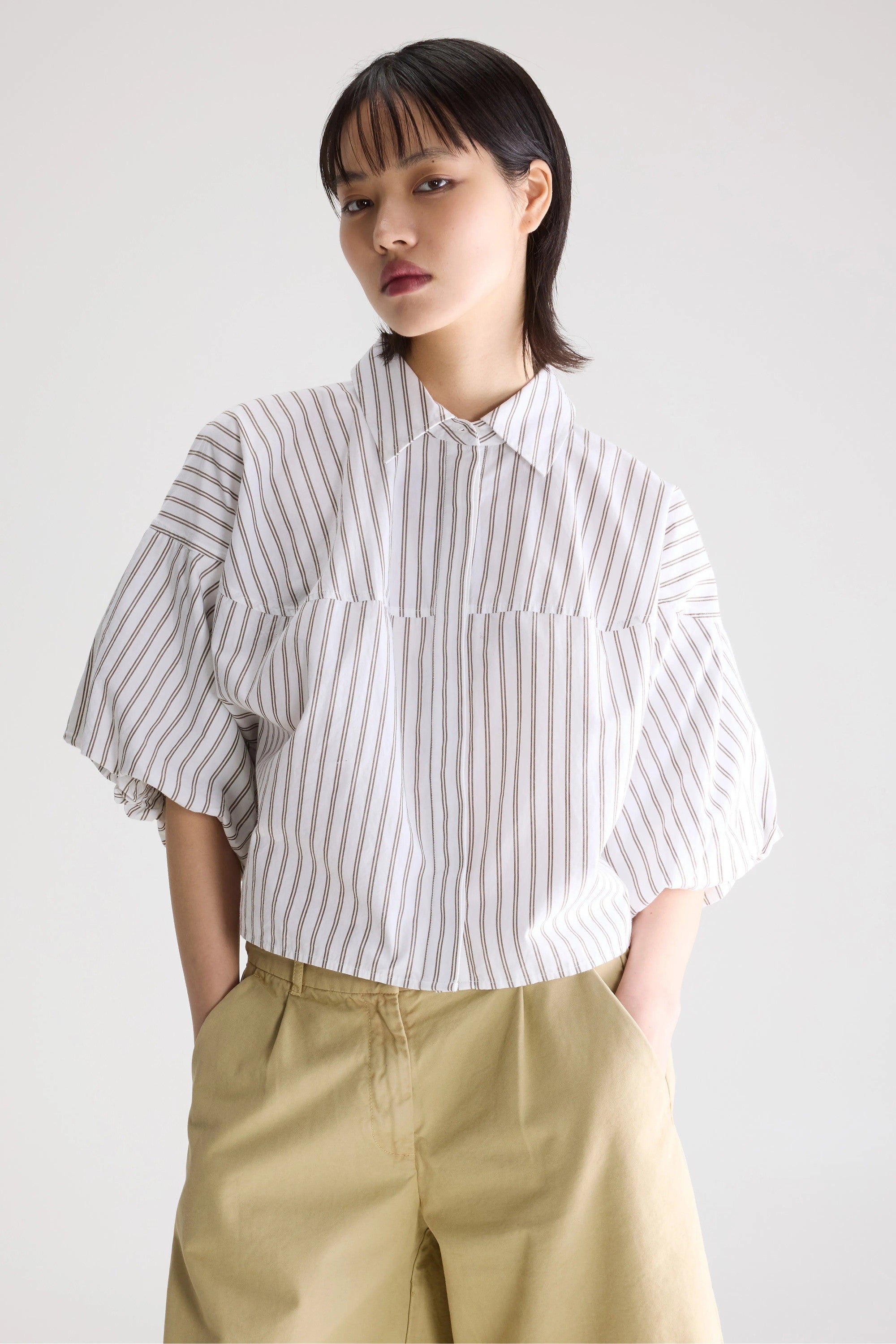 Bellerose | Button-Down Poplin Blouse with Balloon Sleeves Stripe-A