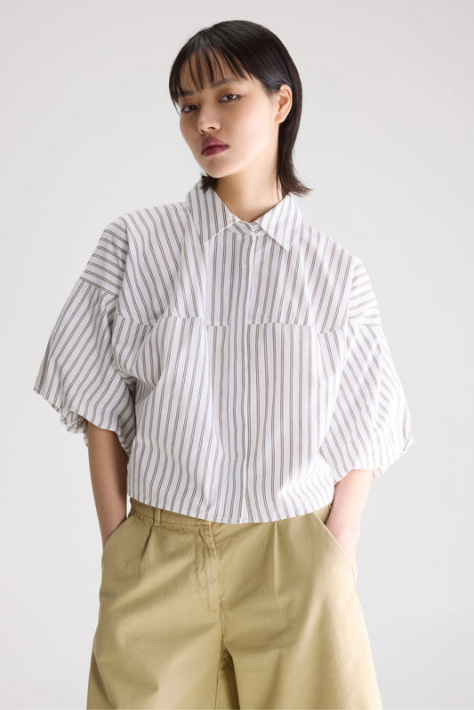 Women Button-Down Blouse 100% Cotton Poplin - White Stripe-A