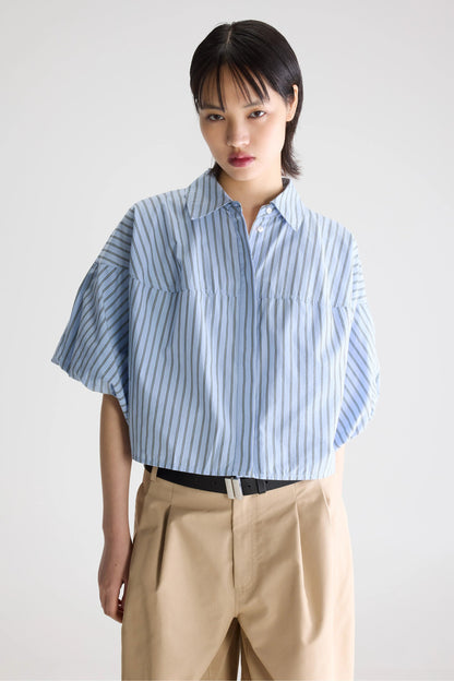 Women Button-Up Shirt With Balloon Sleeves 100 Percent Cotton - White Striped Stripe-B