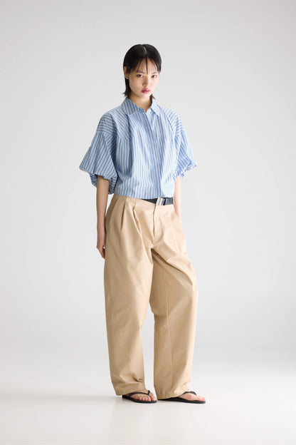 Women Button-Up Shirt With Balloon Sleeves 100 Percent Cotton - White Striped Stripe-B