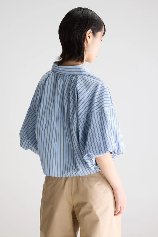 Women Button-Up Shirt With Balloon Sleeves 100 Percent Cotton - White Striped Stripe-B