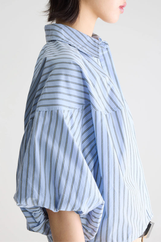 Women Button-Up Shirt With Balloon Sleeves 100 Percent Cotton - White Striped Stripe-B