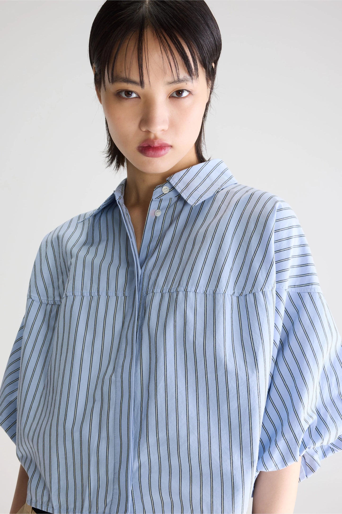 Women Button-Up Shirt With Balloon Sleeves 100 Percent Cotton - White Striped Stripe-B