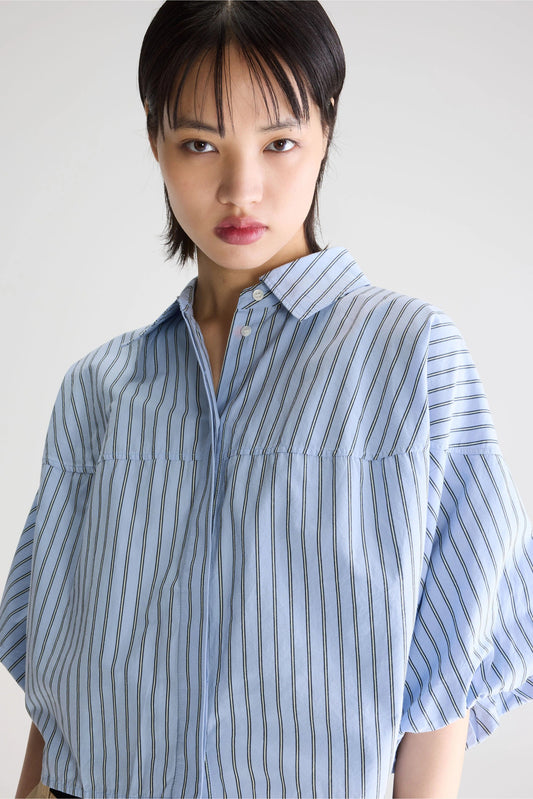 Women Button-Up Shirt With Balloon Sleeves 100 Percent Cotton - White Striped Stripe-B