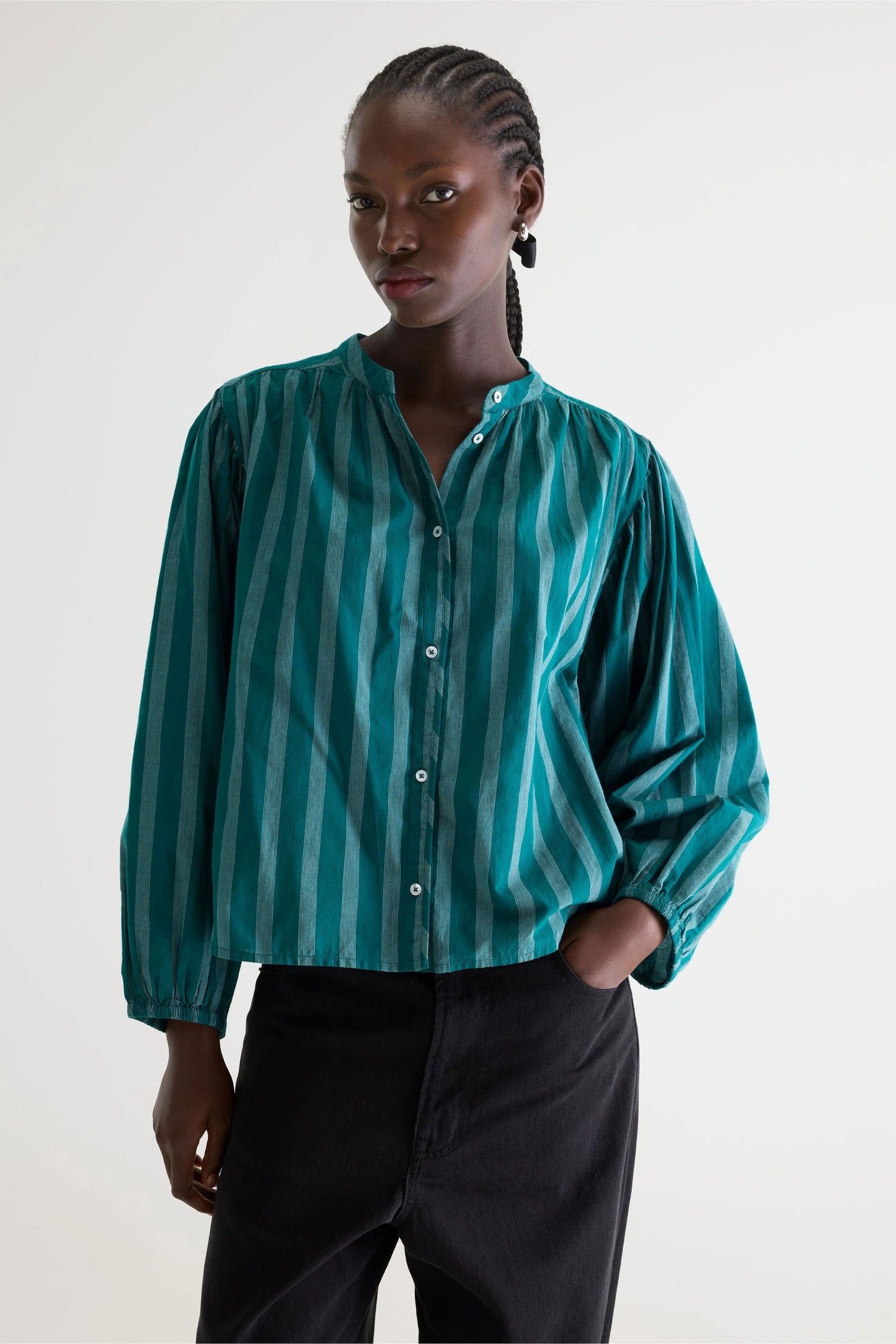 Women's Blouse 100% Cotton Poplin - Emerald Green Stripe Stripe-A