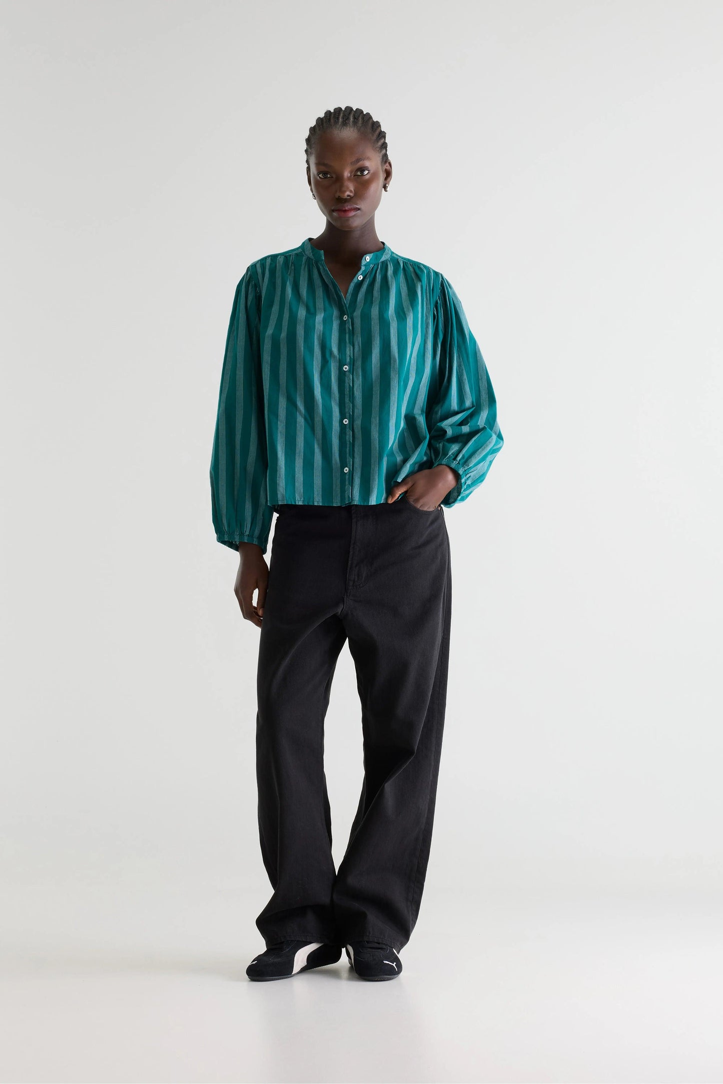 Women's Blouse 100% Cotton Poplin - Emerald Green Stripe Stripe-A