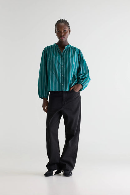 Women's Blouse 100% Cotton Poplin - Emerald Green Stripe Stripe-A