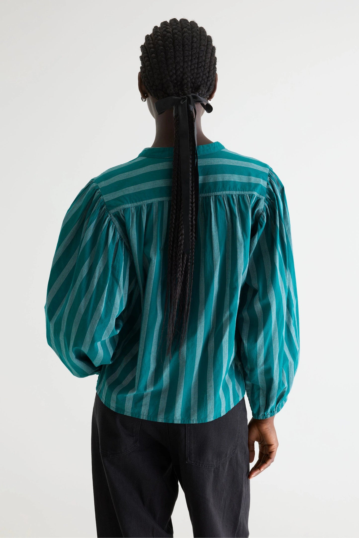 Women's Blouse 100% Cotton Poplin - Emerald Green Stripe Stripe-A