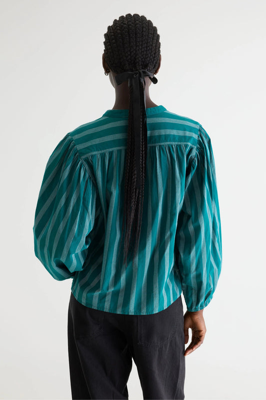 Women's Blouse 100% Cotton Poplin - Emerald Green Stripe Stripe-A