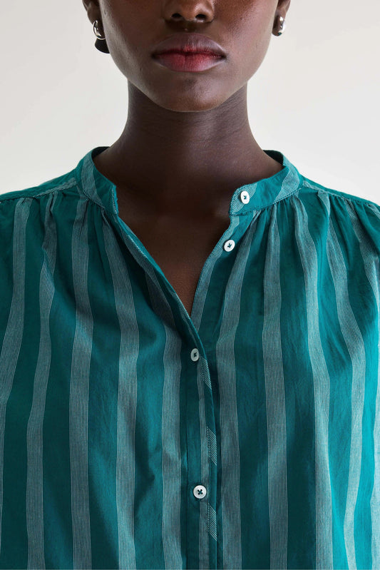 Women's Blouse 100% Cotton Poplin - Emerald Green Stripe Stripe-A