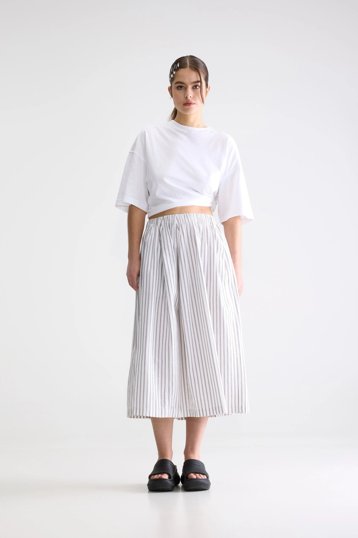 Women's Skirt Cotton-Blend - Khaki Stripe Pattern Stripe-A