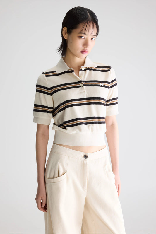 Men's Polo Shirt Terry Cloth - Burgundy Yellow Stripe Stripe-B