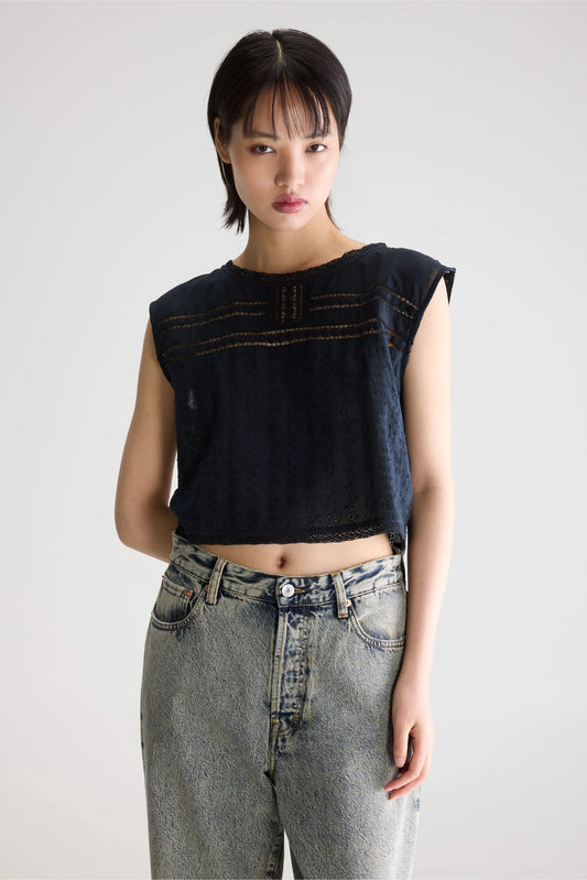 Women's Blouse Cotton Embroidered Eyelet Details - Meteorite