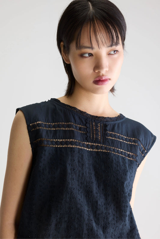 Women's Blouse Cotton Embroidered Eyelet Details - Meteorite
