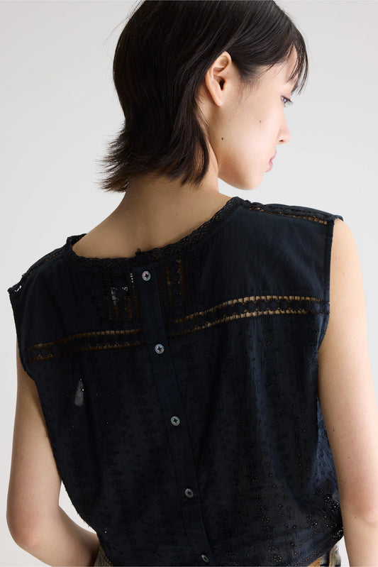 Women's Blouse Cotton Embroidered Eyelet Details - Meteorite