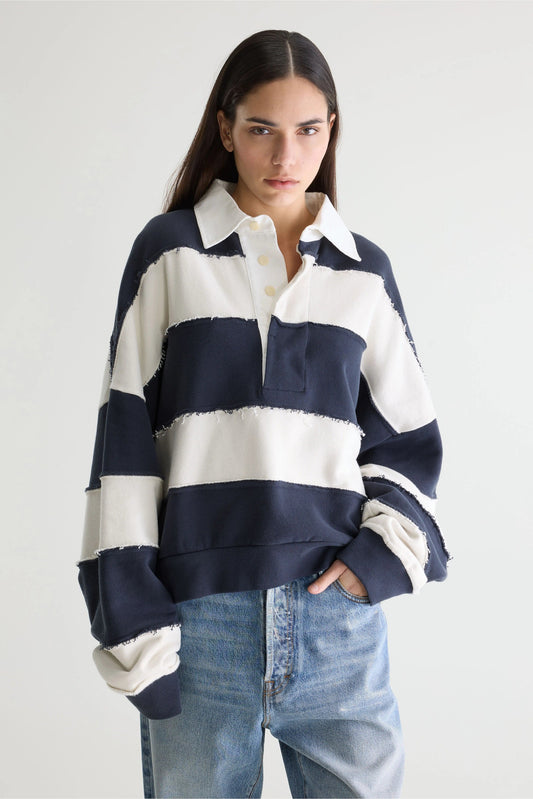 Women's Oversized Rugby-Style Sweatshirt Cotton - Khaki Mint Stripe Combo-A