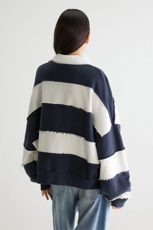 Women's Oversized Rugby-Style Sweatshirt Cotton - Khaki Mint Stripe Combo-A