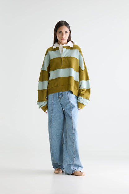 Women's Rugby-Style Sweatshirt 100% Cotton Poplin - Mint Combo-B