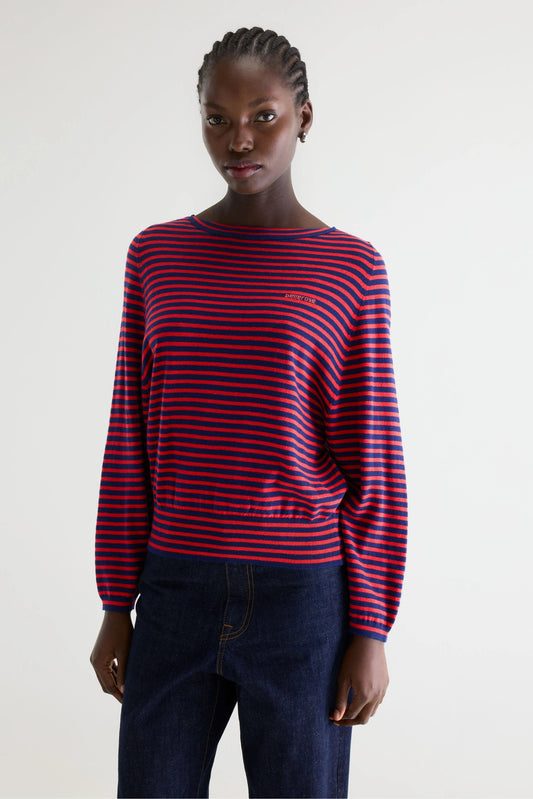 Women's Pullover Sweater Fine Gauge Knit - Red and Navy Stripes Stripe-A