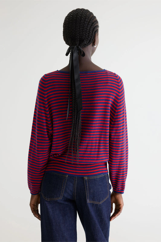 Women's Pullover Sweater Fine Gauge Knit - Red and Navy Stripes Stripe-A