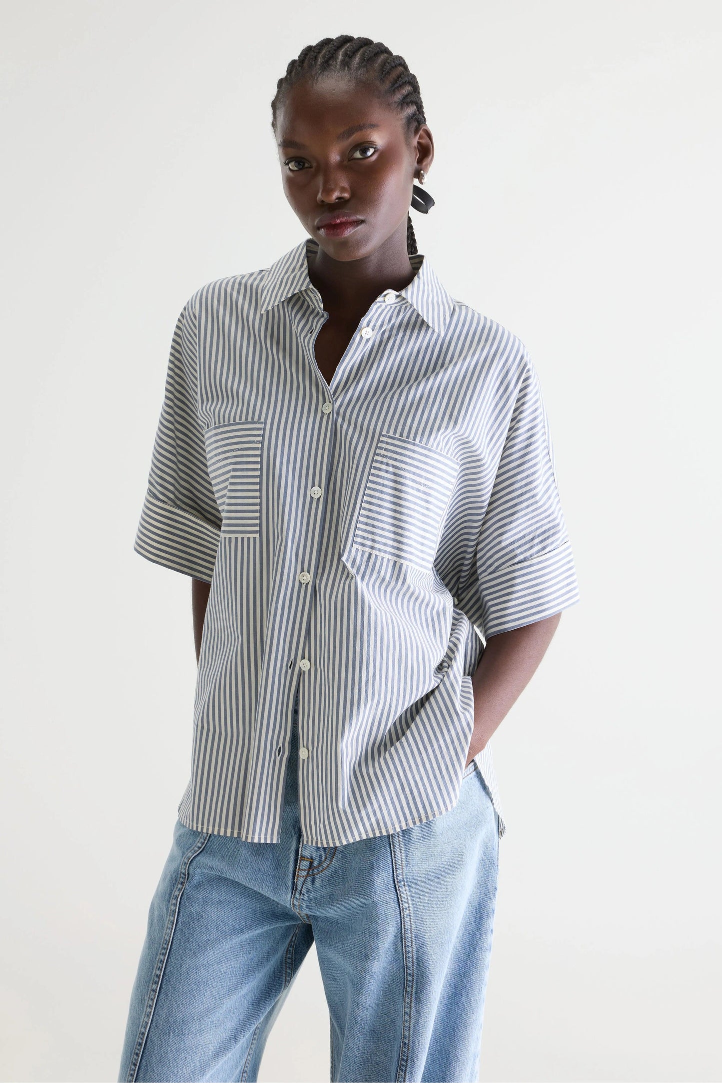 Women's Button-Down Shirt Cotton - Grey-Blue Stripe Stripe-B