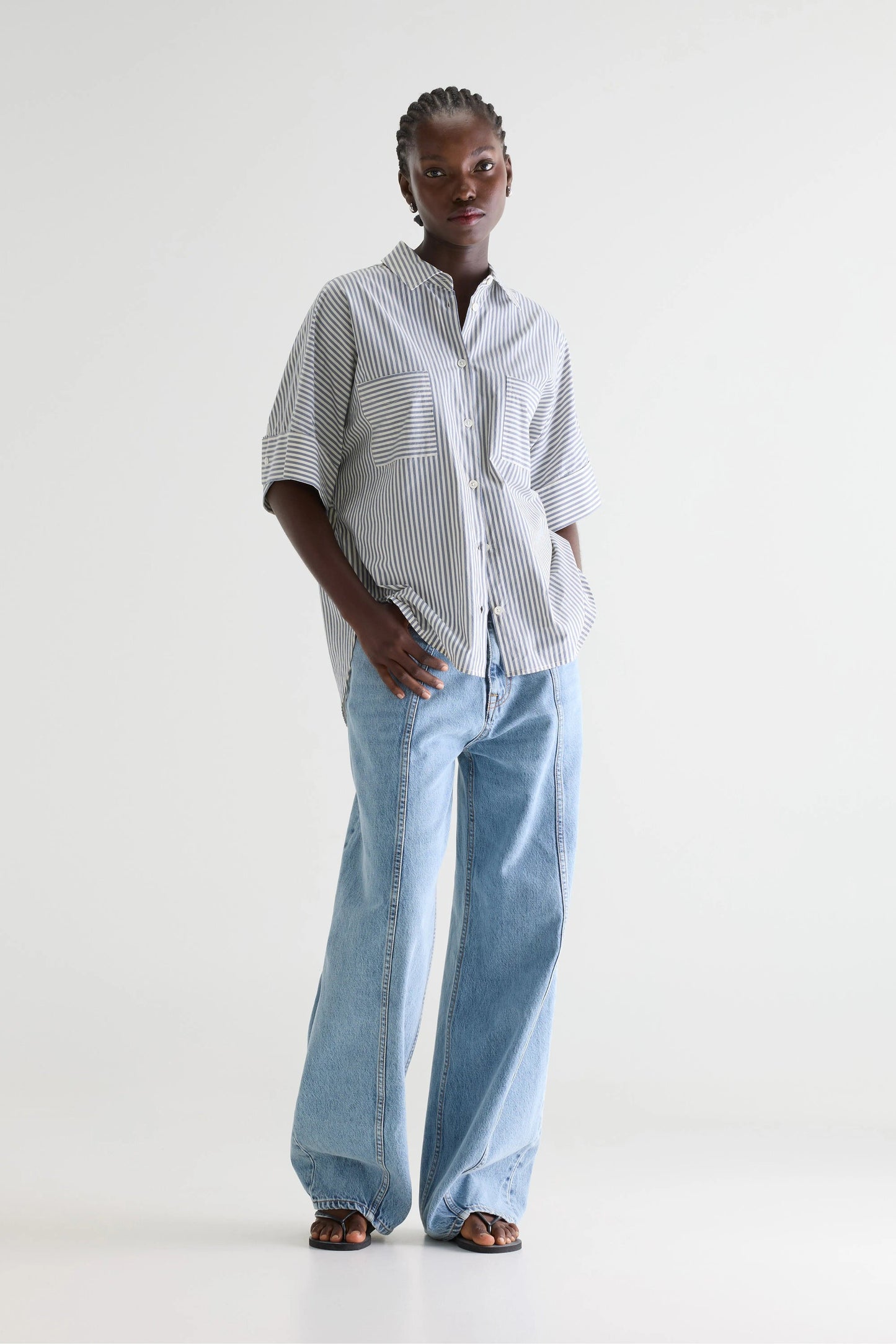 Women's Button-Down Shirt Cotton - Grey-Blue Stripe Stripe-B