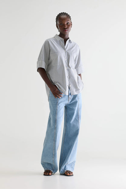 Women's Button-Down Shirt Cotton - Grey-Blue Stripe Stripe-B