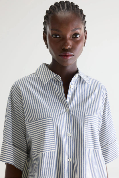 Women's Button-Down Shirt Cotton - Grey-Blue Stripe Stripe-B