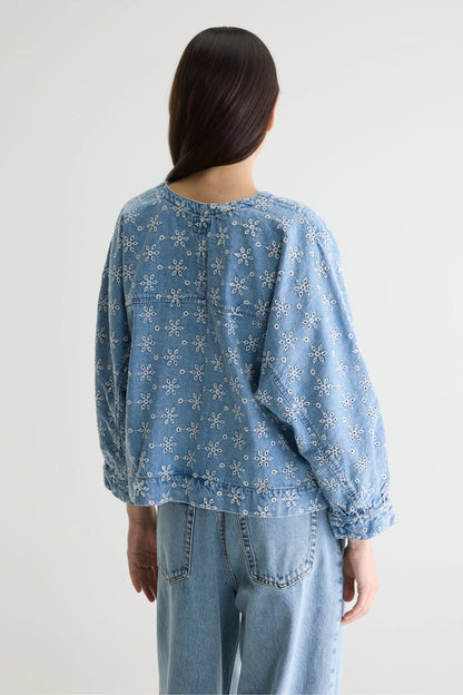 Women's Long-Sleeve Button-Front Blouse Denim - Medium Blue Medium-Bleach