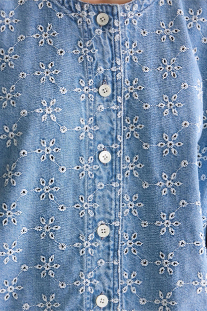 Women's Long-Sleeve Button-Front Blouse Denim - Medium Blue Medium-Bleach