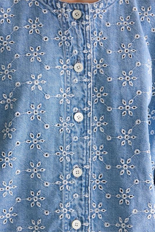 Women's Long-Sleeve Button-Front Blouse Denim - Medium Blue Medium-Bleach