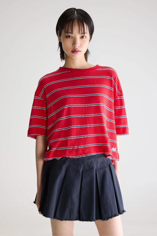 Unisex T-Shirt Cotton-Linen Jersey - Red and Blue Striped Stripe-A