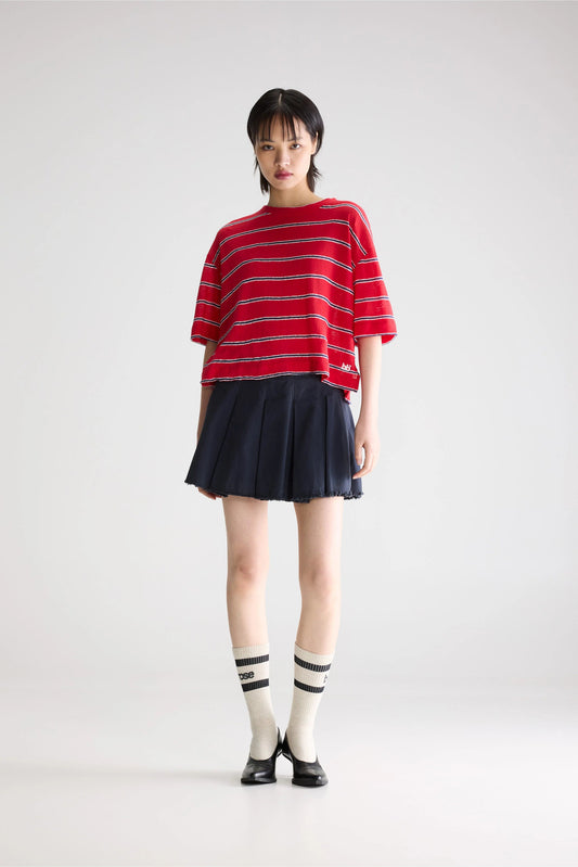 Unisex T-Shirt Cotton-Linen Jersey - Red and Blue Striped Stripe-A