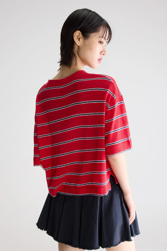 Unisex T-Shirt Cotton-Linen Jersey - Red and Blue Striped Stripe-A