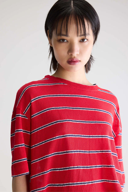 Unisex T-Shirt Cotton-Linen Jersey - Red and Blue Striped Stripe-A