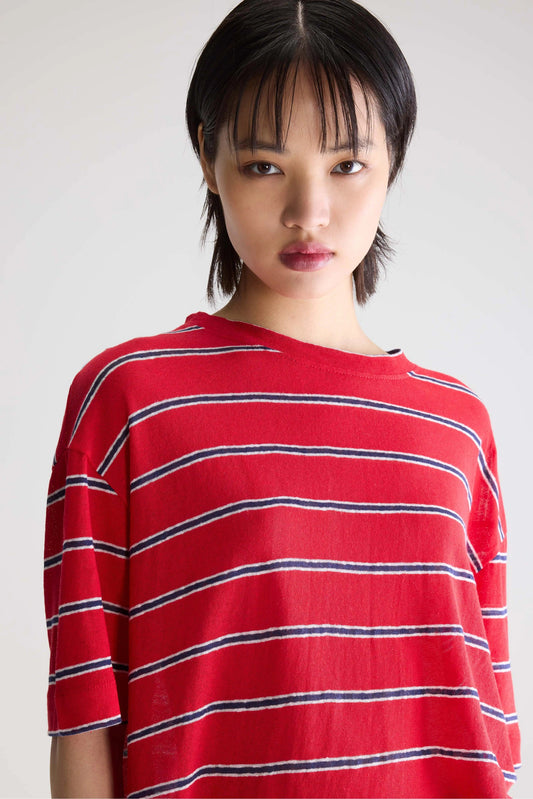 Unisex T-Shirt Cotton-Linen Jersey - Red and Blue Striped Stripe-A